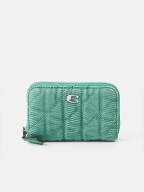 COACH Essential Small Zip Around Card Case Quilted Denim In Green